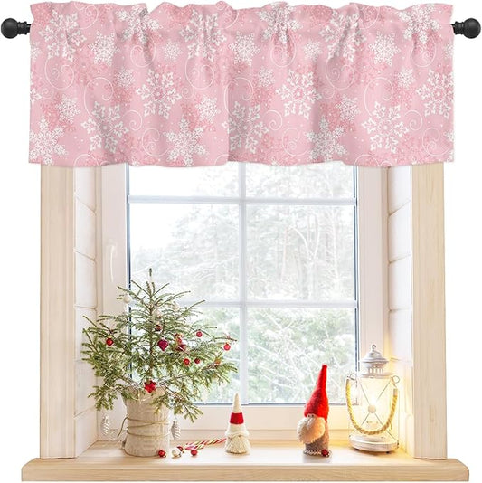 Christmas Valance Curtains for Kitchen Windows Pink White Snowflakes Pattern Rod Pocket Window Treatment Toppers for Kitchen/Living Room/Bedroom/Bathroom, 60" X 18", Winter