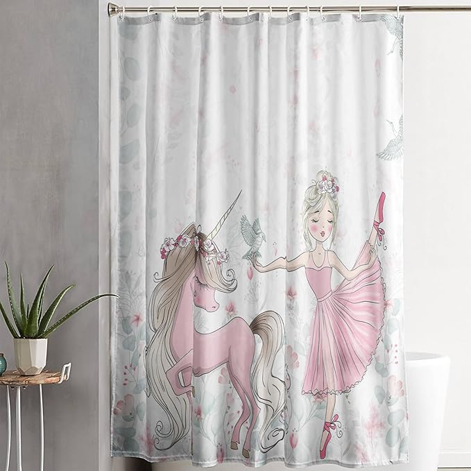 AILONEN Unicorn Shower Curtain, Cartoon Unicorn with Ballerina Girl Shower Curtain Set for Girls Teens Kids,Watercolor Pink Flowers Fabric Shower Curtain for Bathroom,72" W*84" H