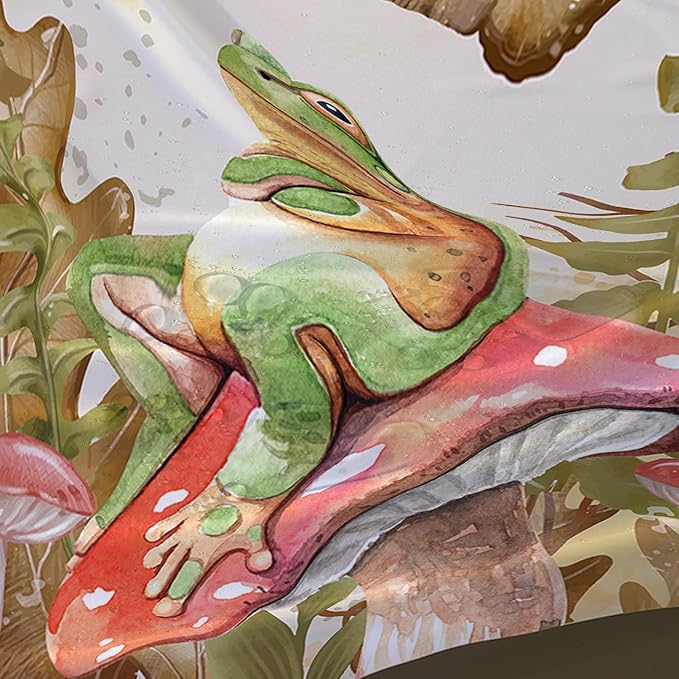 AILONEN Green Frog Mushroom Shower Curtain,Red Mushroom Waterproof Fabric Bath Curtain for Kids Girls Boys,Boho Aesthetic Minimalist Shower Curtain Set for Bathroom with Hooks,72" W*78" H