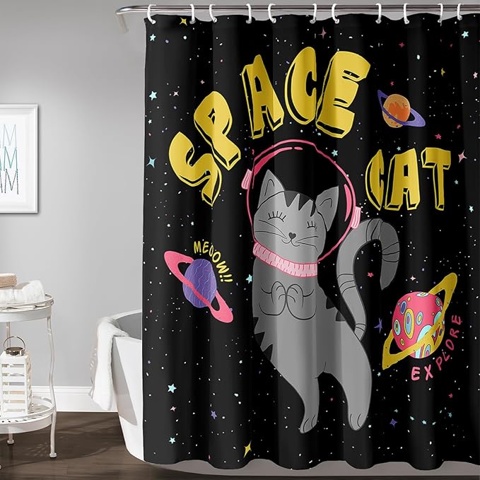 AILONEN Kawaii Cat Shower Curtains,Galaxy Aerospace Cat Bath Curtain for Bathroom,Outer Space Polyester Waterproof with 12 Plastic Hooks 72" W*84" H