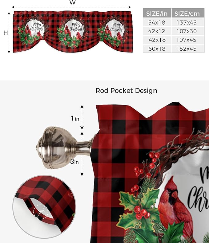 Merry Christmas Blackout Tie Up Valance Curtains for Kitchen Windows Winter Cardinal Holly Berries Window Toppers Balloon Shades for Living Room/Bathroom/Bedroom,1 Panel,42" X 18" Red Black Plaid