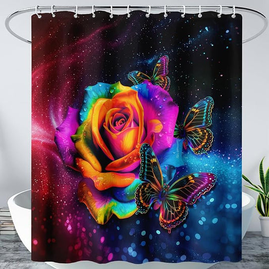 AILONEN Colorful Rose Shower Curtain for Bathroom Decor,Butterfly Galaxy Rose Flower Bath Curtain for Girls Women,Modern Romantic Curtain Waterproof with 12 Plastic Hooks, 48" W*72" H