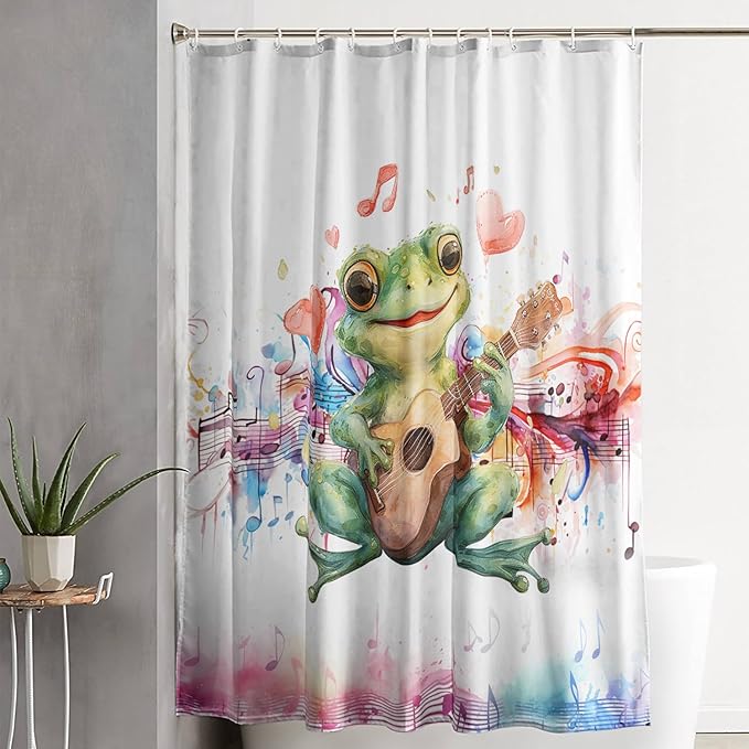 AILONEN Cartoon Frog Shower Curtain,Green Guitar Frog Bathroom Curtain for Kids Boys Girls,Kawaii Forg Animal Shower Curtains for Bathroom,Tie-Dye Theme Bathroom Curtain,72" W*72" H