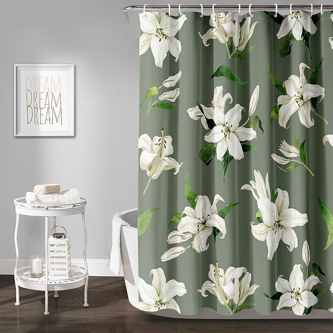 AILONEN Flower Shower Curtain, Vintage Garden Lilies Theme Waterproof Fabric Shower Curtain Set,Green Spring Flowers Bathroom Decor for Teen Girls Women,60" W*72" H