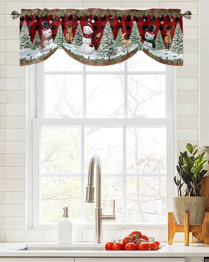 Christmas Snowman Blackout Tie Up Valance Curtains for Kitchen Windows Christmas Tree Window Toppers Balloon Shades for Living Room/Bathroom/Bedroom,1 Panel,54" X 18" Red Xmas Snowy Winter