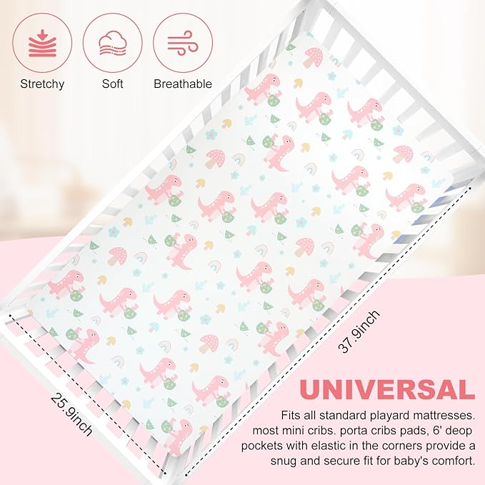FHMJYHPack n Play Fitted Sheet. 2 Piece Mini Crib Sheet. Elastic Playard Sheet. Portable Sheet Set. Elastic Convertible Playard Set. Compatible with Graco Pack n Play. (Dinosaur Eggs and Cloud Baby)