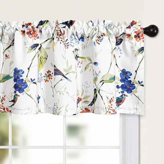 Leeva Short Curtains for Windows, Rod Pocket Vintage Birds Short Window Curtains and Drapes for Living Room, 52 x 12, Blue, One Panel