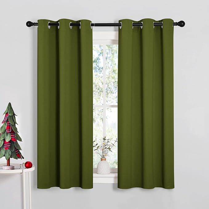 NICETOWN Window Curtain Panels, Christmas Window Decoration Thermal Insulated Solid Grommet Blackout Draperies/Drapes for Bedroom (1 Pair, 34 by 54-inch, Olive Green)