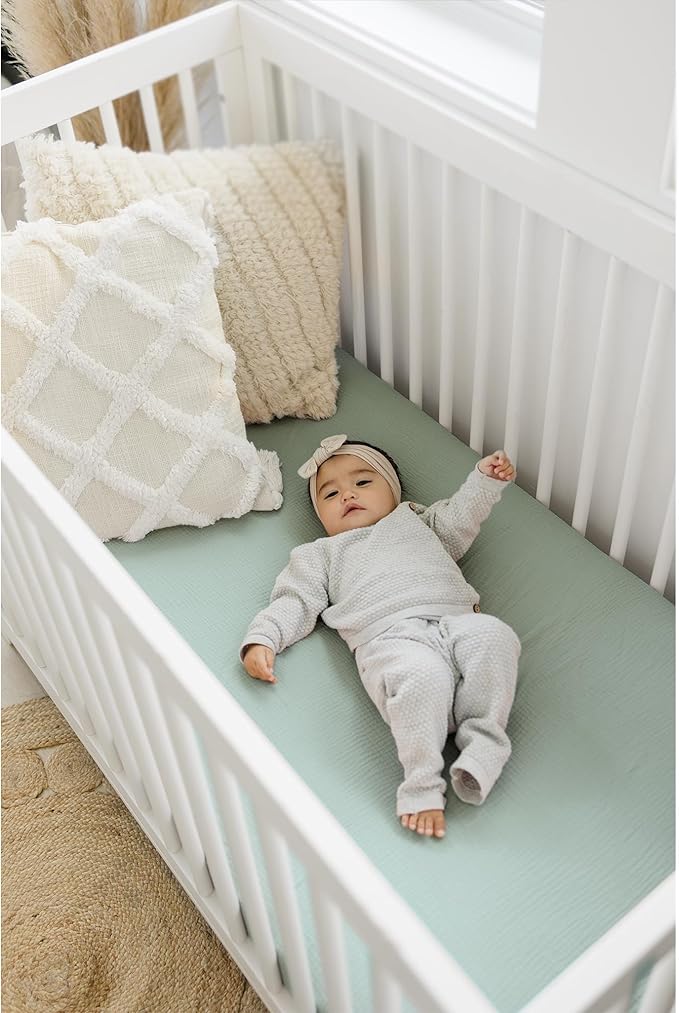 Konssy Muslin Fitted Crib Sheets 100% Cotton Baby Crib Sheets for Standard Crib Mattress (28 X 52 Inches), Soft and Breathable for Boy, Girl (Light Green)