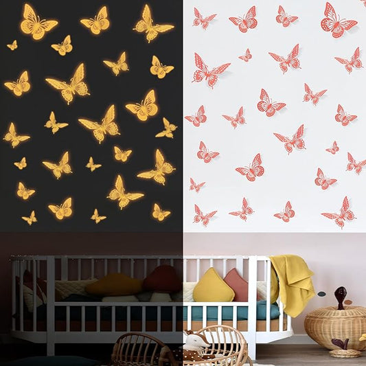 SAOROPEB Glow in The Dark 3D Butterfly 24 Pcs 3 Sizes, Luminous Butterfly Stickers for Ceiling or Wall, Glow in The Dark Party Supplies, Removable Luminous Stickers for Kids Babys Nursery (Orange)