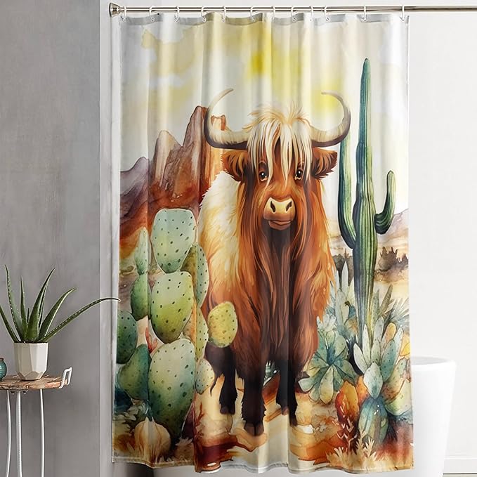 AILONEN Yak Shower Curtain Set, Desert Cactus Yak Polyester Waterproof Shower Curtain,Watercolour Sunset Warm Yellow Cloth Bath Curtain Set with Plastic Hooks,72" Wx78 H