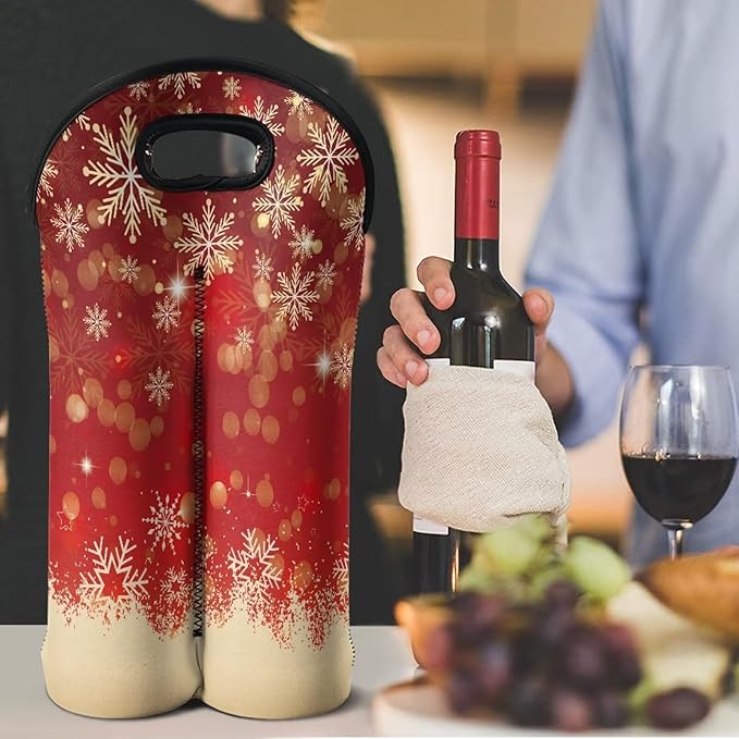 doginthehole Christmas Decorations Wine Carrier Tote Bag 2 Bottle Portable Neoprene Wine Tote Holders, Xmas Red Golden Snowflake Wine Carrying Case Bag for Wine/Beer/Champagne/Water/Drinks