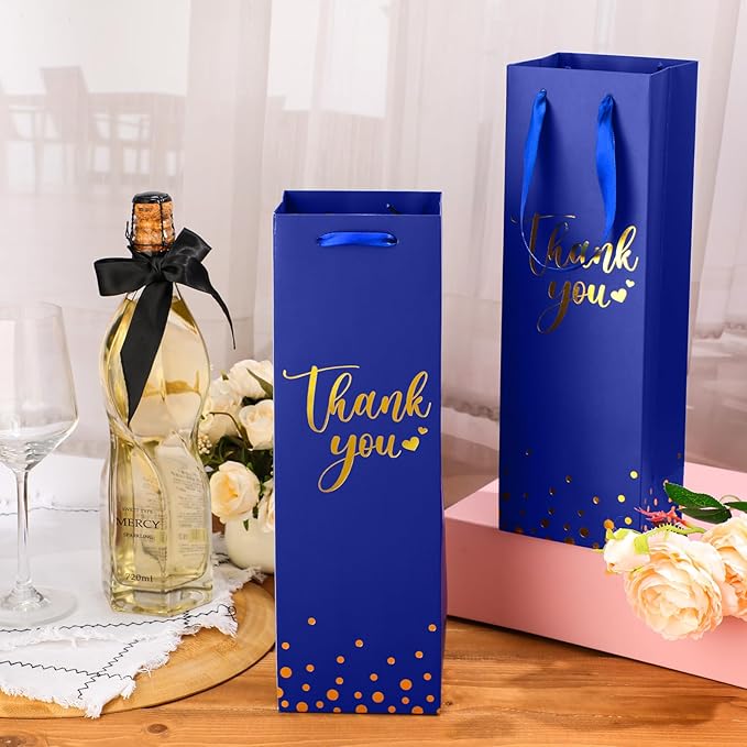 Ctosree 30 Pcs Wine Gift Bag for Wine Bottle Wedding Wine Thank You Gift Bag with Metallic Gold Foil Print Kraft Wine Paper Favor Bag with Attractive Rope Handle for Graduation Bottle(Royal Blue)