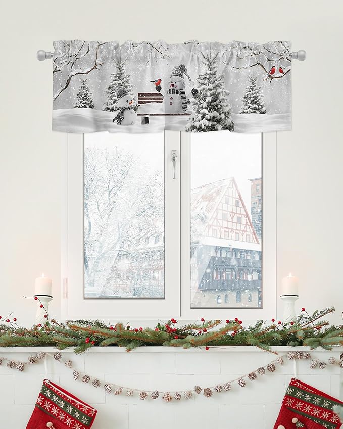 Winter Christmas Valance Curtains for Kitchen Windows Cute Snowman Cardinals Rod Pocket Window Treatment Toppers for Kitchen/Living Room/Bedroom/Bathroom, 42" X 12", GreySnowy Pine Forest