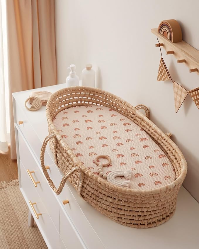 Blissful Diary Muslin Bassinet Sheets for Baby Girls Boys, Boho Soft Cotton Fitted for Oval Hourglass Rectangle Mattress, 2 Pack(Dusty Pink&Rainbow)