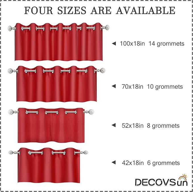 Red Valance for Kitchen Blackout Grommet Curtain Valance Window Treatment for Living Room Short Straight Drape Valance for Bedroom Kids Room/Basement/Loft 100X18 Inch Long 1 Panel