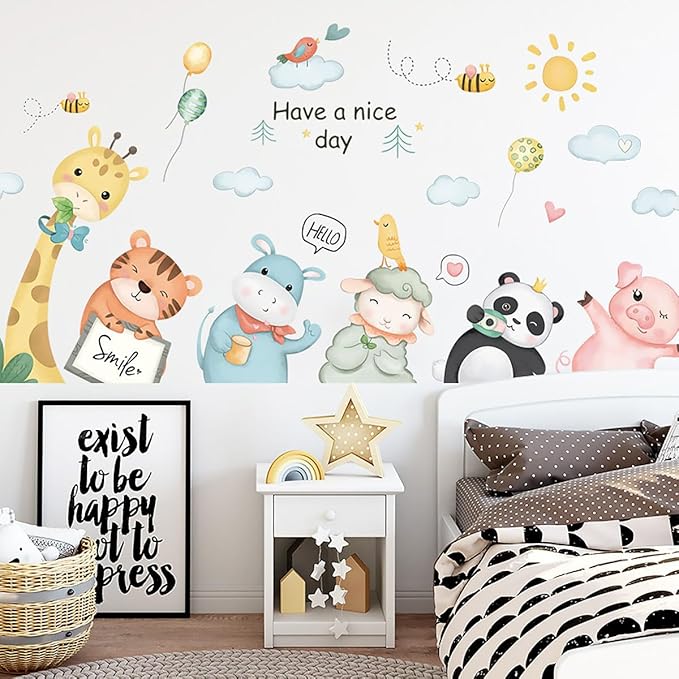 Cartoon Animals Wall Decals Animals Wall Stickers Watercolor Cloud Wall Decals Cute Balloon Animal Wall Stickers for Nursery Kids Room Playroom Decor