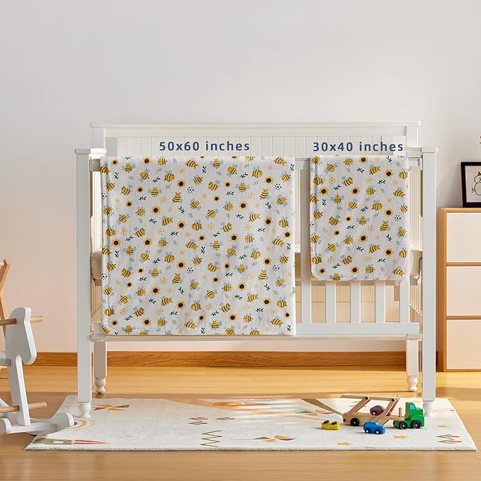 DaysU Silky Micro Soft Plush Baby Blankets Unisex with Print Animal Pattern and Soothing Raised Dots, Double Layer Bed Throws for Toddler Cot, Bee, Yellow, 50x60 Inches
