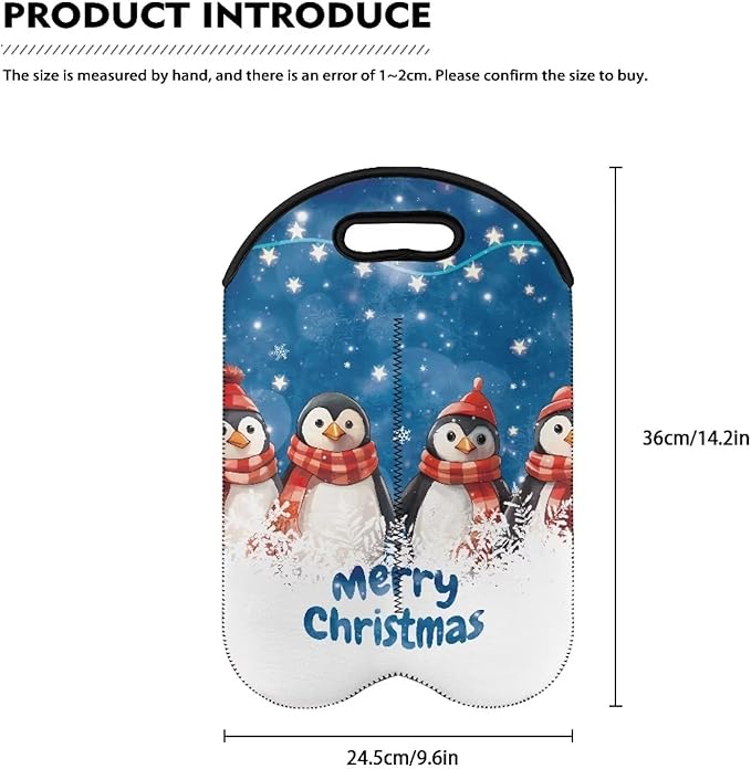 doginthehole Merry Christmas Wine Carrier Tote Bag for 2 Bottles Cute Penguin Neoprene Wine Bottle Holder with Carry Handle, Wine Protective Bag Beer Cans Water Bottle Holder for Travel Picnic