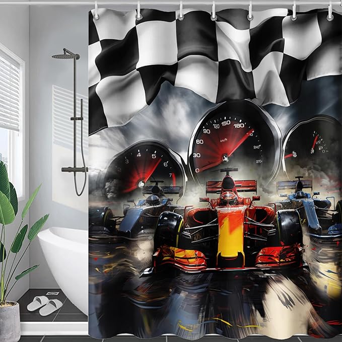 AILONEN Racing Car Shower Curtains,Checkered Speed Car Bath Curtains Gifts for Racer,Polyester Waterproof for Bathroom with 12 Plastic Hooks 72" W*78" H