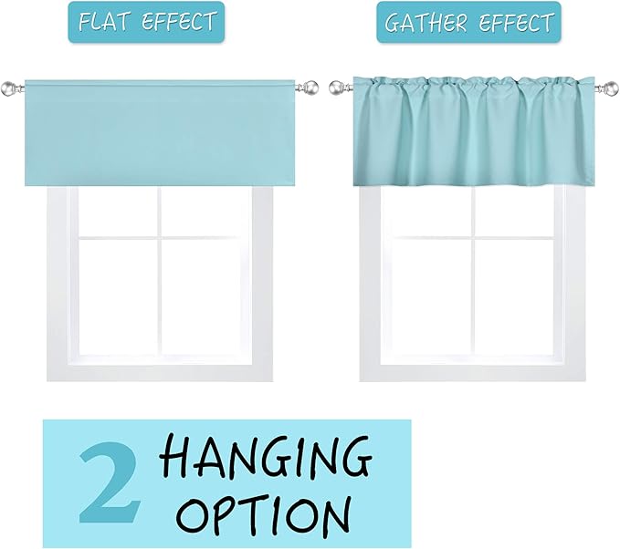 Aqua Blue Valance for Windows 42x18 Inch Solid Thermal Insulated Blackout Rod Pocket Kitchen Short Curtain Toppers Valance for Bathroom Living Room 2 Panels