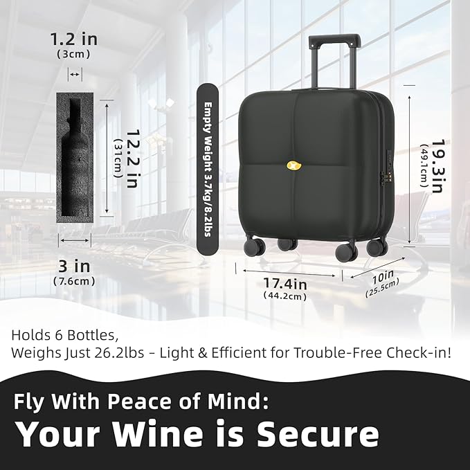 Wine Suitcase, 6 Bottle Wine Luggage, Durable Wine Travel Case, Fly With Wine Suitcase with TSA Lock, Versatile Wine Carrier with Removable Inserts and Silent Spinner Wheels（Black）
