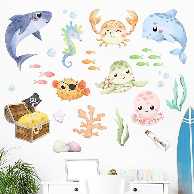 Mfault Under The Sea Ocean Creature Wall Decal Stickers, Coastal Shark Dolphin Octopus Crab Turtle Sea Horse Fish Nursery Decoration Bedroom Art, Marine Animal Treasure Beach Toddler Kids Room Decor