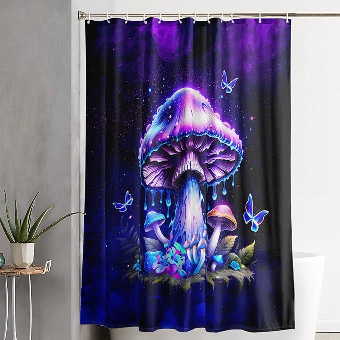 AILONEN Magic Mushroom Shower Curtain,Blue Butterfly Waterproof Fabric Bath Curtain for Kids Girl,Boho Style Shower Curtain Set for Bathroom,Natural Fungal Shower Curtain with Hooks 72" W*78" H