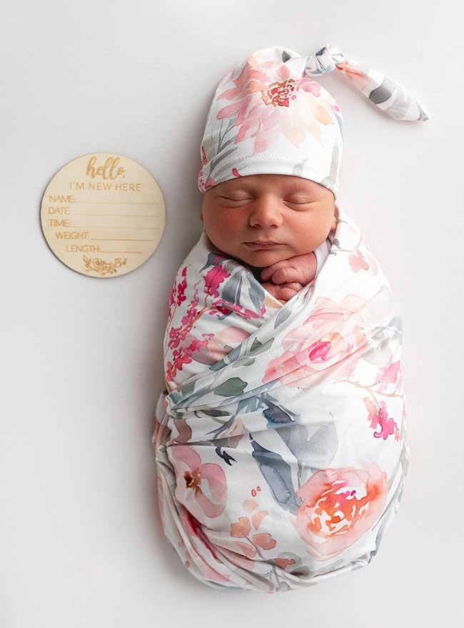 Newborn Baby Girl Receiving Blanket Swaddle Blanket Stretchy Knit Swaddle Set with Matching Headband Beanie with a Name Card (Pink Floral Ink Leaf)