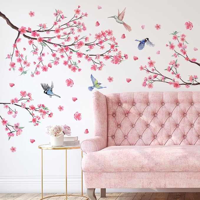 Peach Blossom Tree Branch Wall Decals Pink Flower Birds Wall Stickers Wall Art Decals for Bedroom Living Room TV Wall