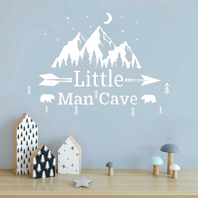 Little Man Cave Mountains Vinyl Decals, Landscape with Animals Stickers, Mountain Moon Stars Decal for Nursery Room,Kids Décor A9 (White)
