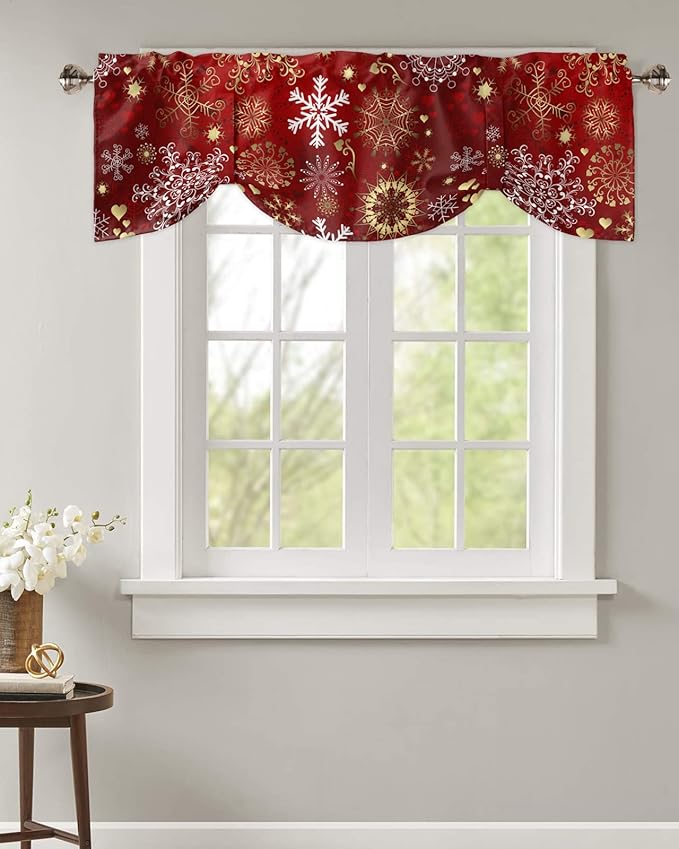 Christmas Blackout Tie Up Valance Curtains for Kitchen Windows Snowflake Pattern Window Toppers Balloon Shades for Living Room/Bathroom/Bedroom,1 Panel,42" X 18" Gold White