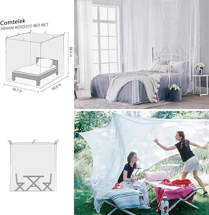 Comtelek Mosquito NET for Bed Canopy, Four Corner Post Curtains Bed Canopy Elegant Mosquito Net Set, Stick Hook &Profession Rope for net, Screen Netting Canopy Curtains, Full/Queen/King/White