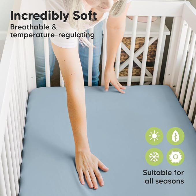 Pack and Play Sheets Fitted, 2-Pack Mini Crib Sheets - Pack N Play Sheets, Organic Fitted Crib Sheet for Pack and Play Mattress, Playard Baby Crib Sheets, Crib Sheets Neutral for Boys, Girls (Steel)