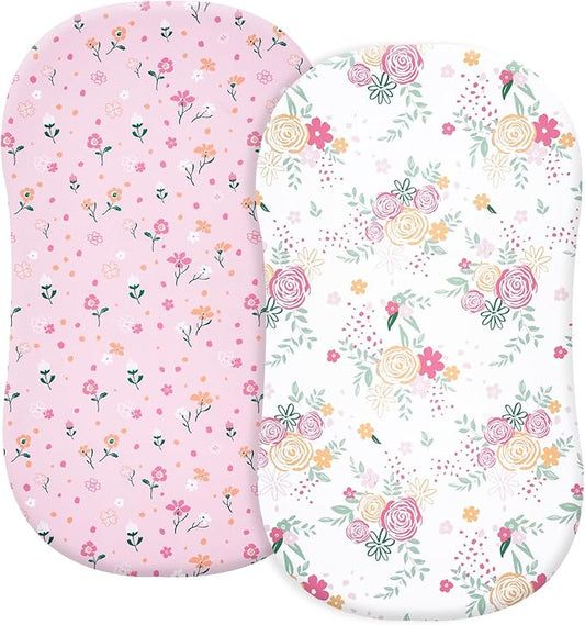 PHF Soft Bassinet Sheet Set, 2 Pack Silky Comfy Breathable Cradle Sheets for Baby Boys Girls, Univeral Fit for Most Oval Rectangle Cradle and Bassinet Mattress/Pad, Rose Floral