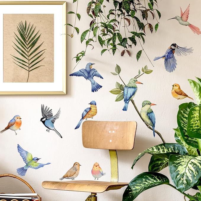 Colorful Birds Wall Decals Standing on Tree Branch Wall Stickers Animal Birds Self-Adhesive Sticker Vinyl Wall Decor DIY Wall Art for Kid's Room Nursery Decoration