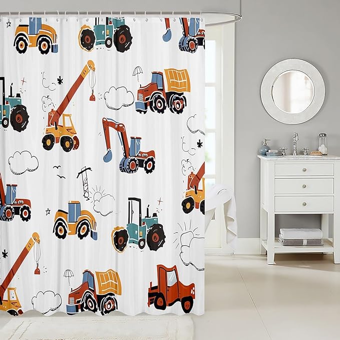 Feelyou Excavator Bathroom Shower Curtain Set Construction Vehicles Bath Curtain Equipment Trucks Shower Curtain Cartoon Car Kids Bathroom Accessories 72"x78"