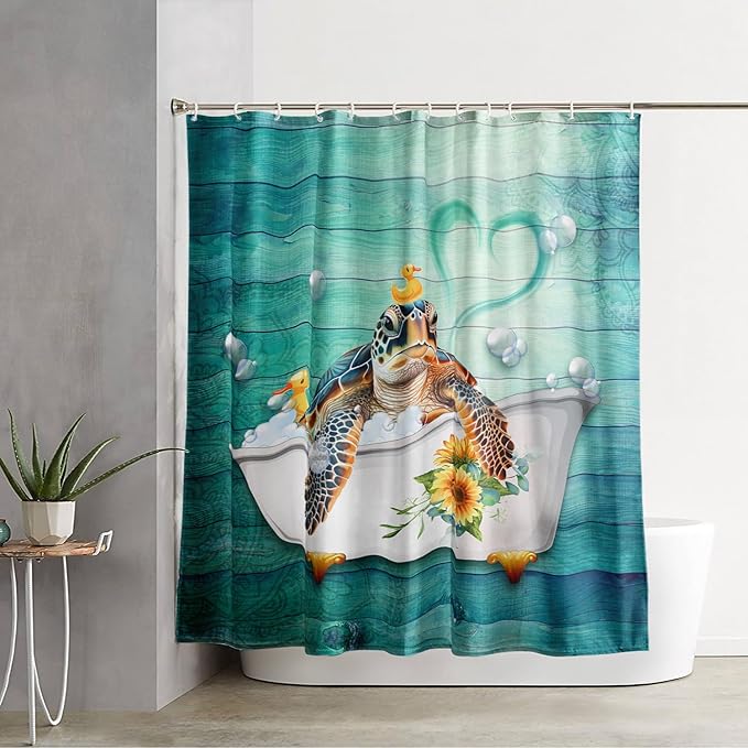 AILONEN Cute Sea Turtle Shower Curtain Set for Bathroom,Cartoon Funny Bathtub Turtle Bath Curtain,Sunflower Theme Waterproof Fabric Shower Curtain with Hooks,36" W*72" H