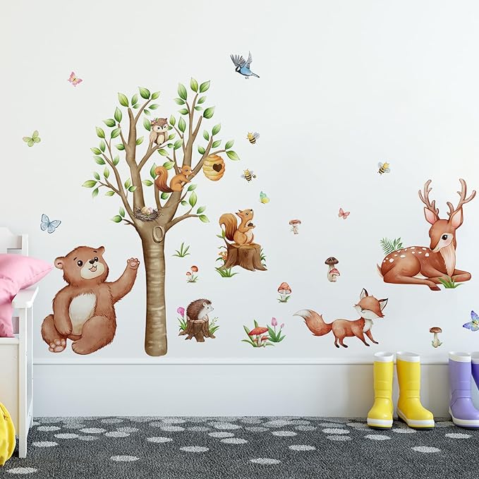 Animal Wall Decals Vinyl Butterfly Mushroom Wall Stickers, Removable Kids Toddler Jungle Forest Wall Murals Peel and Stick Flower Wall Art Decor Wallpaper for Bedroom Nursery Playroom