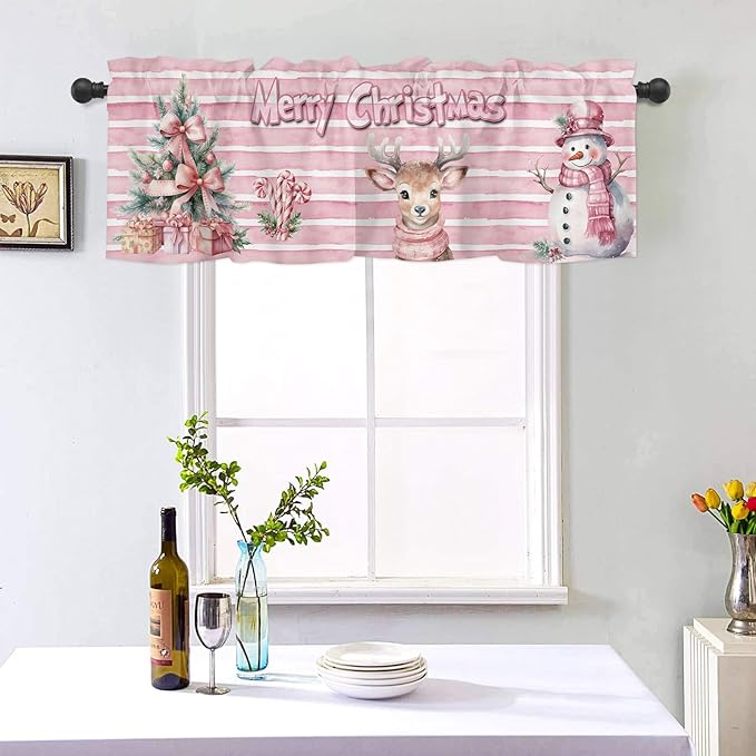 Pink Striped Window Valance for Bedroom Living Room, Pink Themed Christmas Window Curtain for Kitchen Bathroom, Cute Snowman and Reindeer Window Valance Rod Pocket Window Treatment, 54" W x 18" L