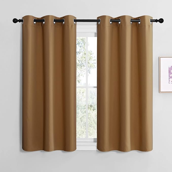 NICETOWN Gold Brown Sleek Blackout Curtains 48 inches Length for Small Windows, Noise Reducing and Block Draft Panels for Door Doorway Laundry Office Luxury Decor Theme (2 Panels, W42 inches Wide)