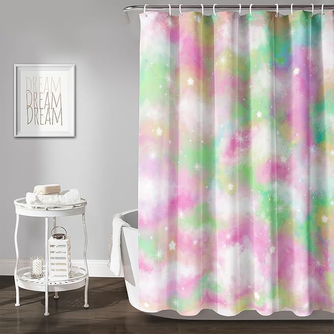 AILONEN Colorful Space Shower Curtain,Glitter Star Waterproof Fabric Shower Curtain Set for Girls Kids Teens, 72" W*72" H Fantasy Starry Sky Theme Bathroom Decor