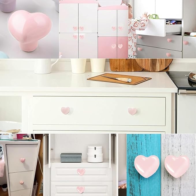 4X Cute Dresser Knobs Ceramic Cabinet Knobs Pink Drawer Knobs Heart Love-Shape Door Pull Knob Cabinet Closet Ceramic Drawer Cupboard Kitchen Kids Children Bedroom Wardrobe (Pale Pink)