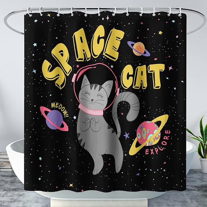 AILONEN Kawaii Cat Shower Curtains,Galaxy Aerospace Cat Bath Curtain for Bathroom,Outer Space Polyester Waterproof with 12 Plastic Hooks 72" W*84" H