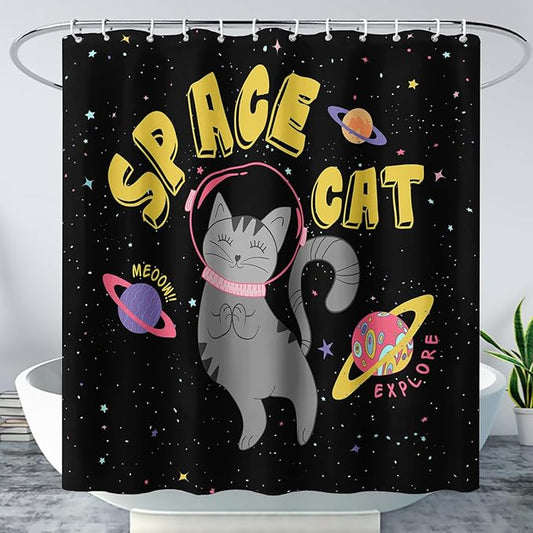 AILONEN Kawaii Cat Shower Curtains,Galaxy Aerospace Cat Bath Curtain for Bathroom,Outer Space Polyester Waterproof with 12 Plastic Hooks 72" W*78" H