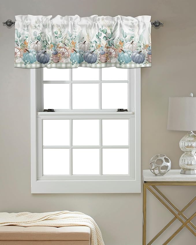 Fall Thanksgiving Kitchen Curtains Valances for Windows Navy Blue Pumpkins Green Eucalyptus Leaves Rod Pocket Window Treatment for Kitchen /Living Room/Bedroom/ Bathroom,42" X 12" Sage Farmhouse Plaid