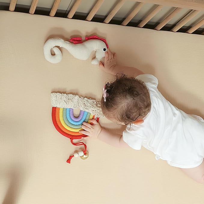 Breathable Crib Sheets for Toddler Bed Mattresses 100% Muslin Cotton Crib Sheets Fitted Boys Girls 2 Pack Soft and Comfortable Boho Bedding for Baby Neutral (Orange Pink&New Camel)