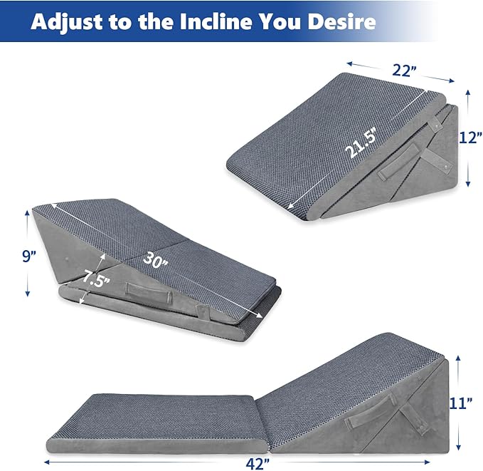 KingPavonini Grey Bed Wedge Pillow for Sleeping, 7.5 & 9 & 11 & 12 Inch Adjustable Memory Foam Triangle Wedge Pillow Post Surgery for Back, Legs and Knee Support, Acid Reflux