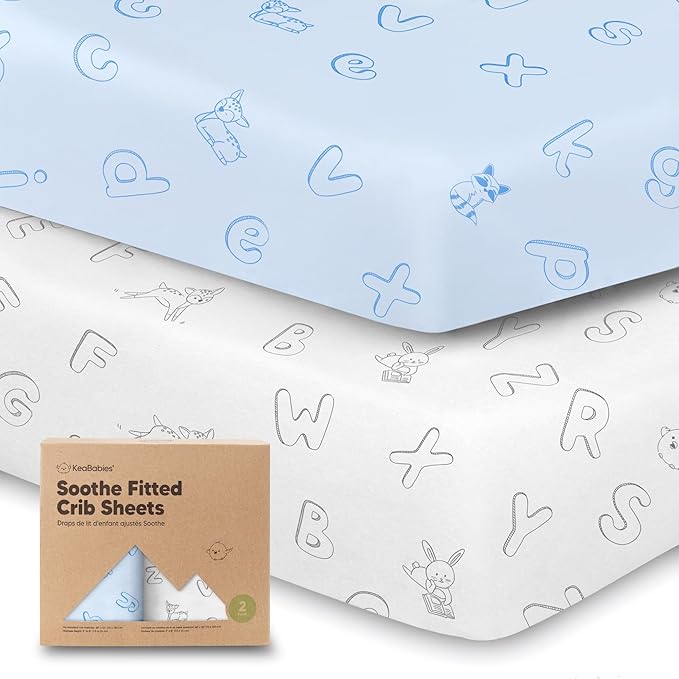 2-Pack Organic Crib Sheets for Boys, Girls - Jersey Fitted Crib Sheet, Baby Crib Sheets Neutral, Crib Mattress Sheet, Cotton Crib Sheets, Breathable Crib Sheet, Baby Mattress Sheets (ABC Land Sky)