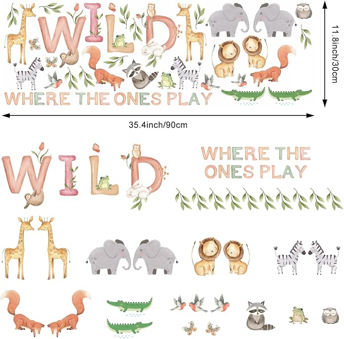 Safari Wall Decals for Kids Where The Wild Ones Play Peel and Stick Wallpaper 38pcs Giraffe Decor Zoo Animal Stickers Jungle Classroom Decal Fauna Forest Wall Murals for Classroom Playroom Nursery